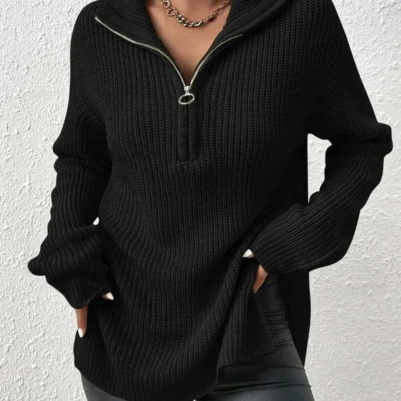 Black Casual Women's Half Zip Drop Shoulder Grain Sweater - Picture 6 of 7